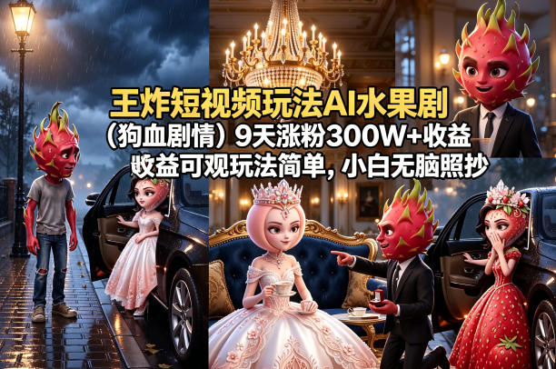 王炸短视频玩法AI水果剧(狗血剧情)9天涨粉300W+收益可观玩法简单，小白无脑照抄，详细拆解玩法-搞薯条网