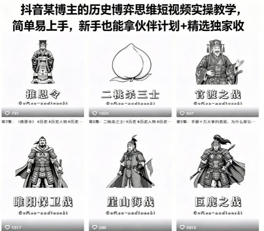 抖音某博主的历史博弈思维短视频实操教学，简单易上手，新手也能拿伙伴计划+精选独家收益-搞薯条网