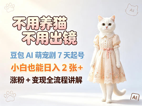 不用养猫不用出镜，豆包AI萌宠剧7天起号，小白也能日入2张+，涨粉+变现全流程讲解-搞薯条网