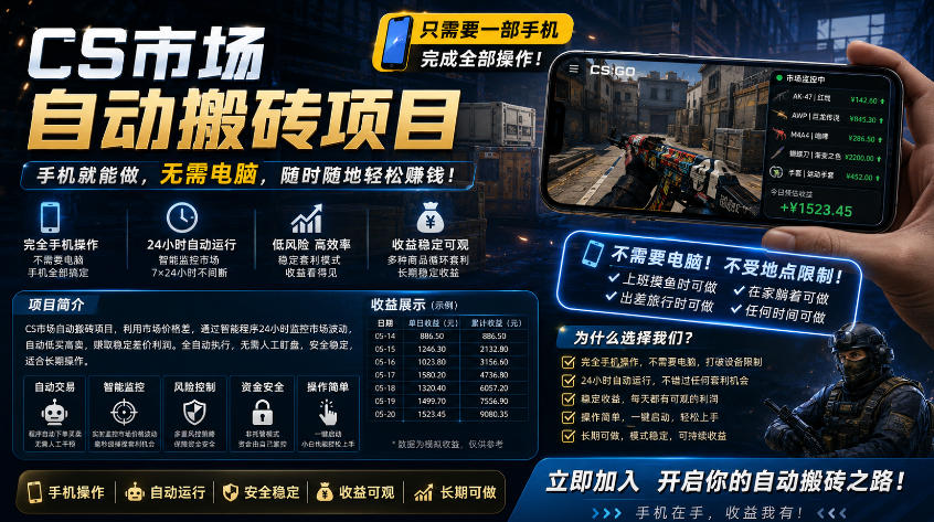 手机即可操作的CS市场自动搬砖系统｜自动监控｜自动下单|日入300+【揭秘】-搞薯条网