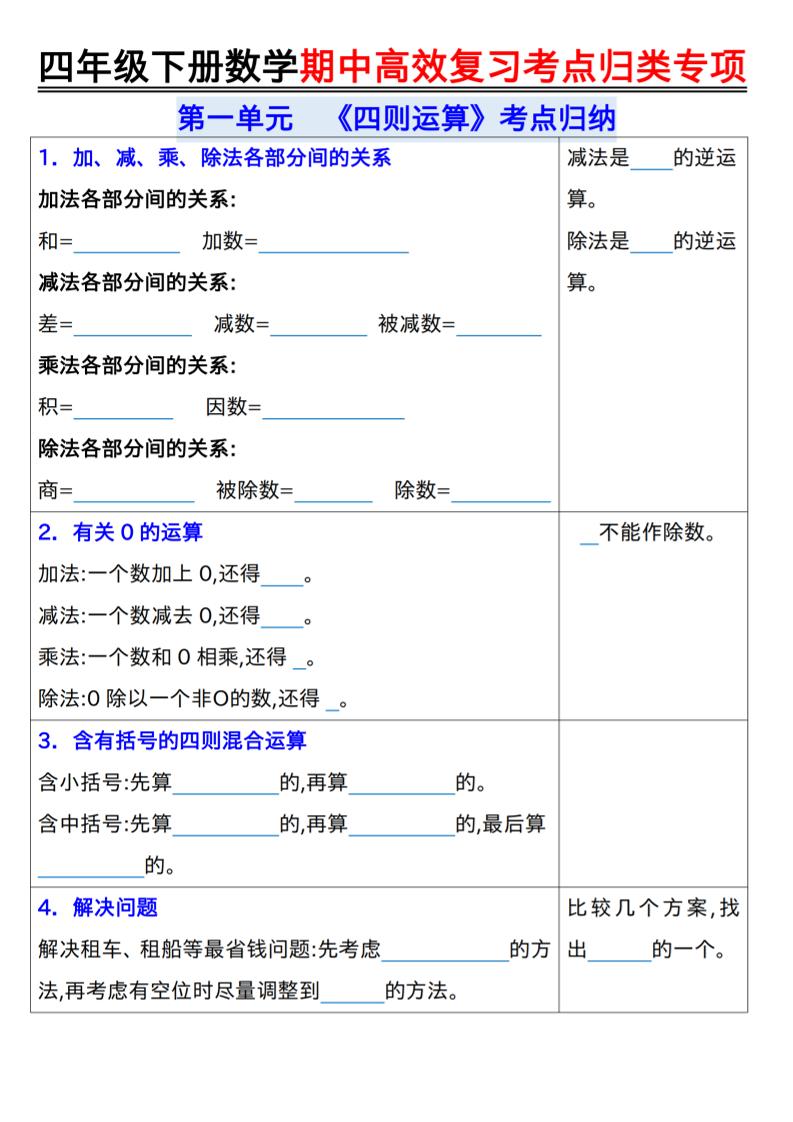 四年级下数学期中复习考点归类专练-搞薯条网