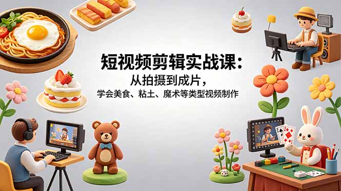 短视频剪辑实战课:从拍摄到成片,学会美食、粘土、魔术等类型视频制作-搞薯条网