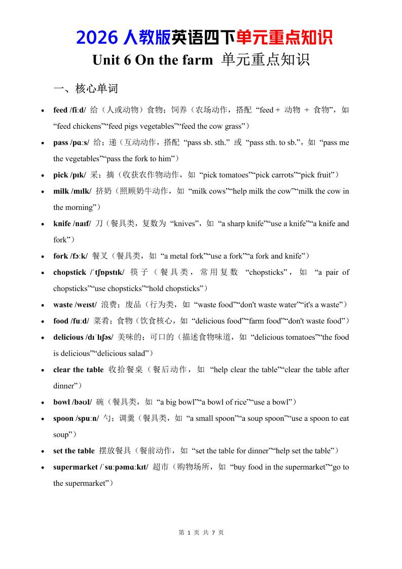 四年级下英语Unit6重点知识汇总《人教版PEP》-搞薯条网