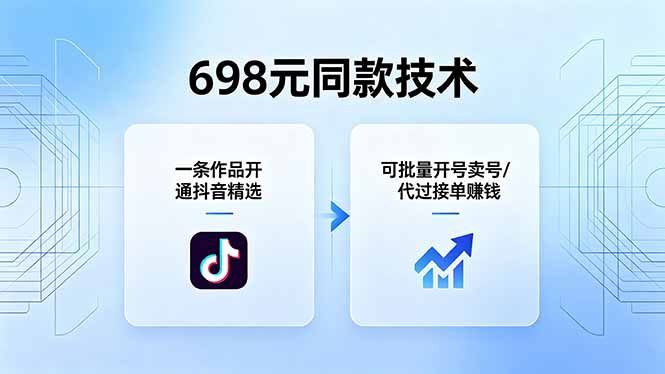 698元同款技术:一条作品开通抖音精选,可批量开号卖号,也可代过接单赚钱-搞薯条网