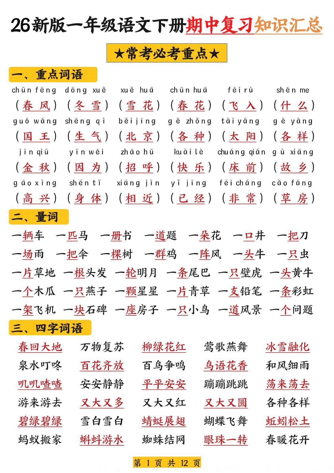 26新版一年级语文下册期中复习知识汇总-搞薯条网