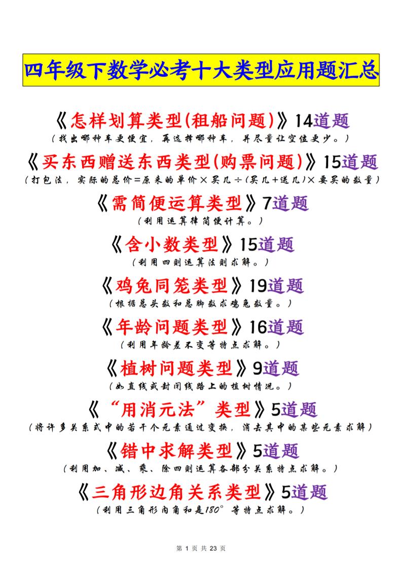 四年级下数学必考十大类型应用题汇总-搞薯条网