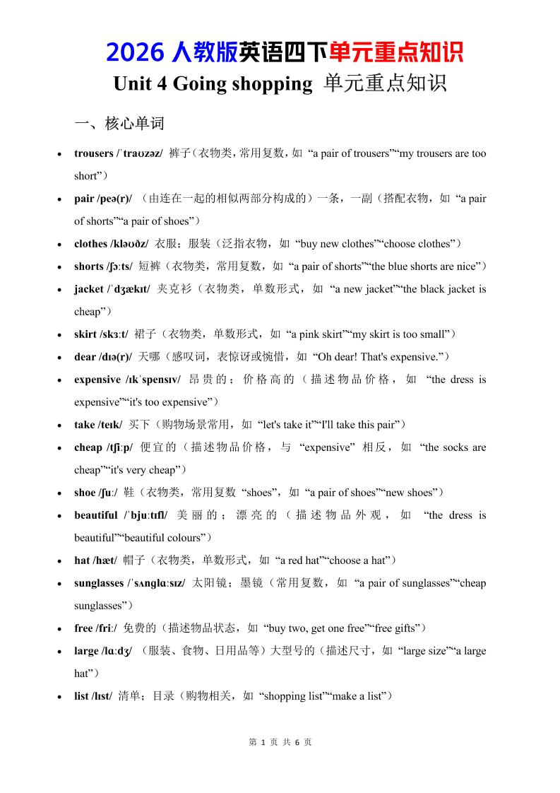 四年级下英语Unit4重点知识汇总《人教版PEP》-搞薯条网