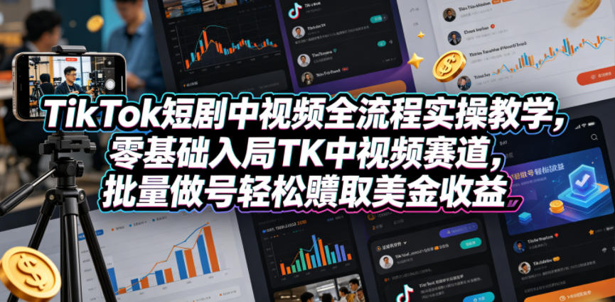 TikTok短剧中视频全流程实操教学，零基础入局TK中视频赛道，批量做号轻松賺取美金收益-搞薯条网