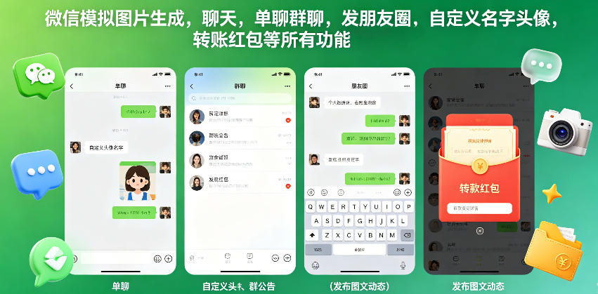 微信模拟图片生成，聊天，单聊群聊，发朋友圈，自定义名字头像，转账红包等所有功能都可以生成-搞薯条网