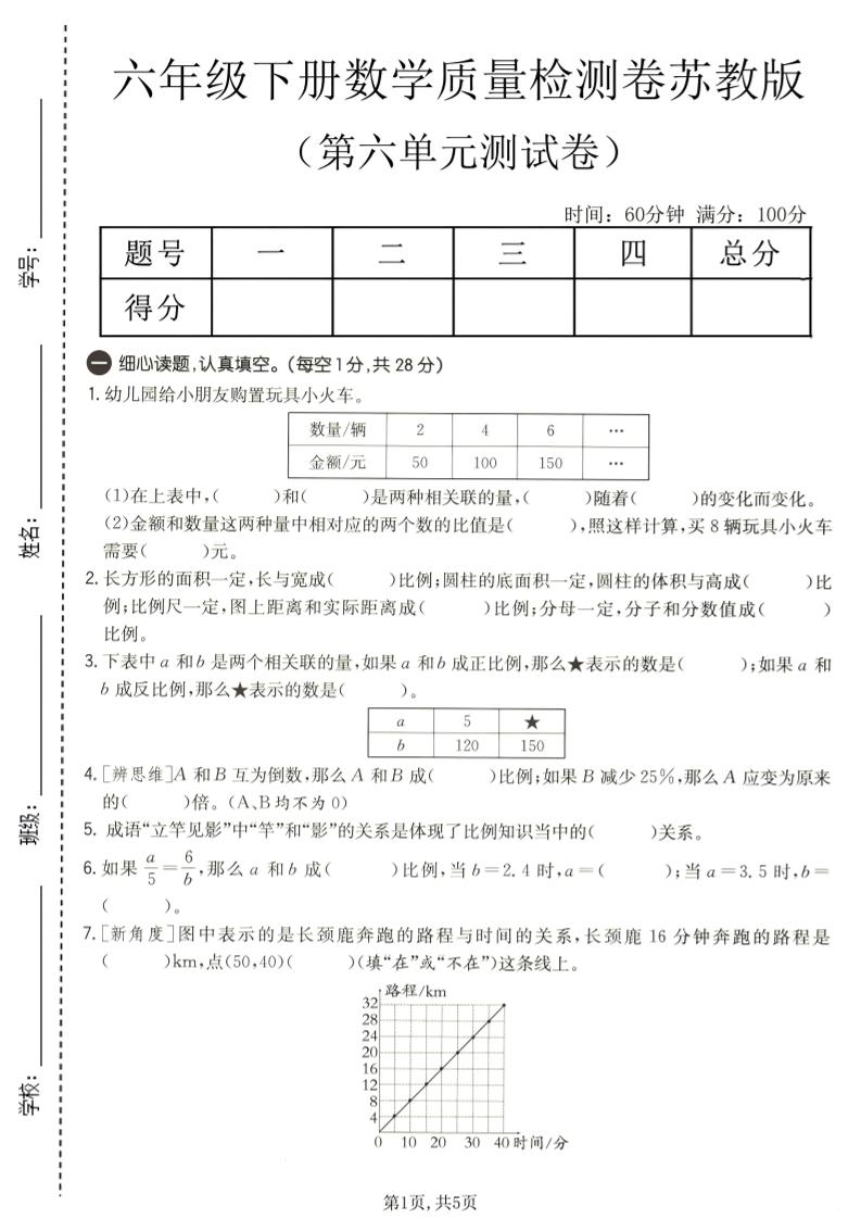 六年级下数学第六单元质量检测卷1《苏教版》-搞薯条网