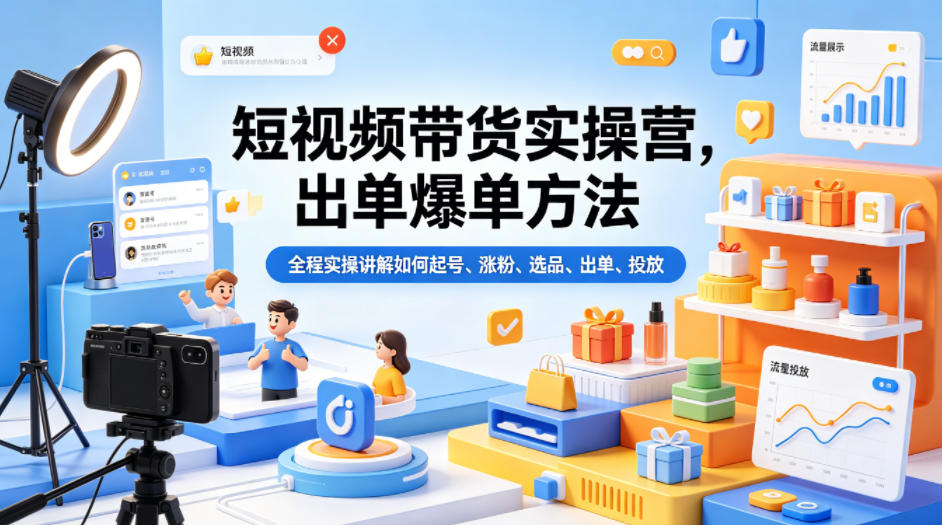 短视频带货实操营，出单爆单方法，全程实操讲解如何起号、涨粉、选品、出单、投放(更新0515)-搞薯条网