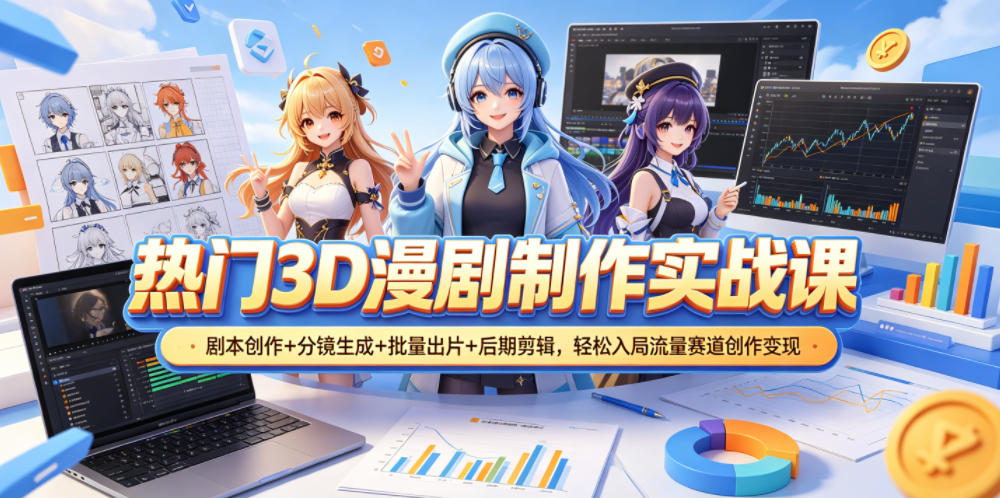 热门3D漫剧制作实战课,剧本创作+分镜生成+批量出片+后期剪辑,轻松入局流量赛道创作变现-搞薯条网