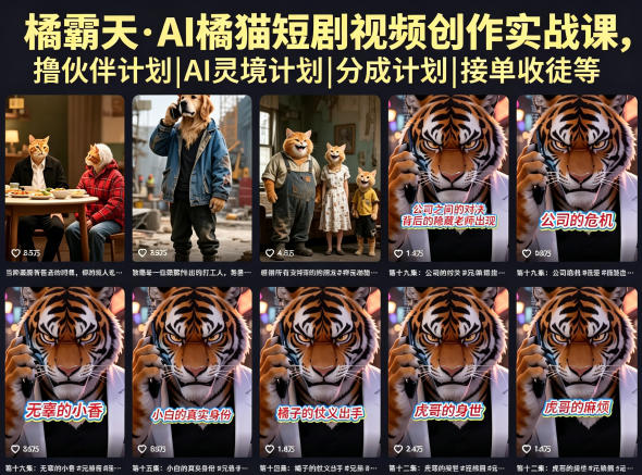 橘霸天·AI橘猫短剧视频创作实战课，撸伙伴计划|AI灵境计划|分成计划|接单收徒等-搞薯条网