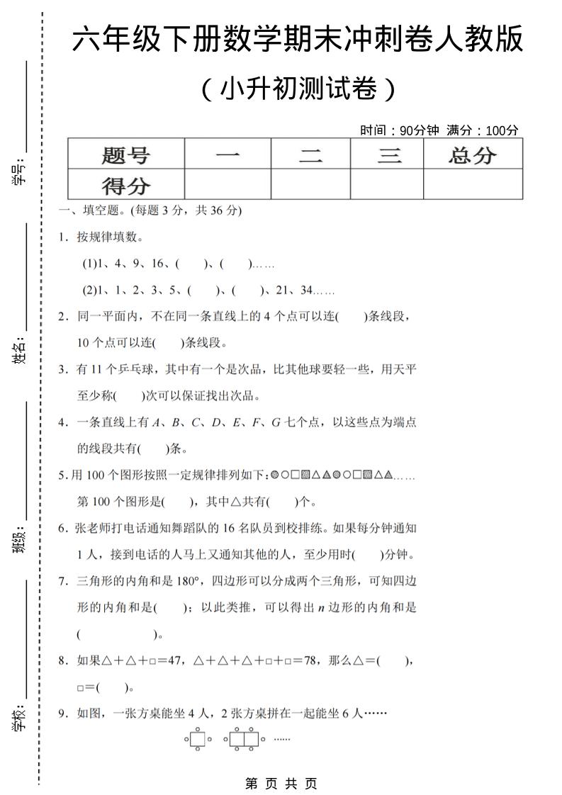 六年级下数学期末小升初冲刺卷《人教版》-搞薯条网