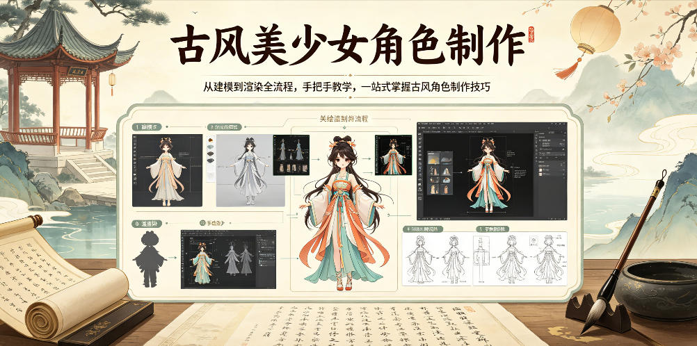 古风美少女角色制作,从建模到渲染全流程,手把手教学,一站式掌握古风角色制作技巧-搞薯条网