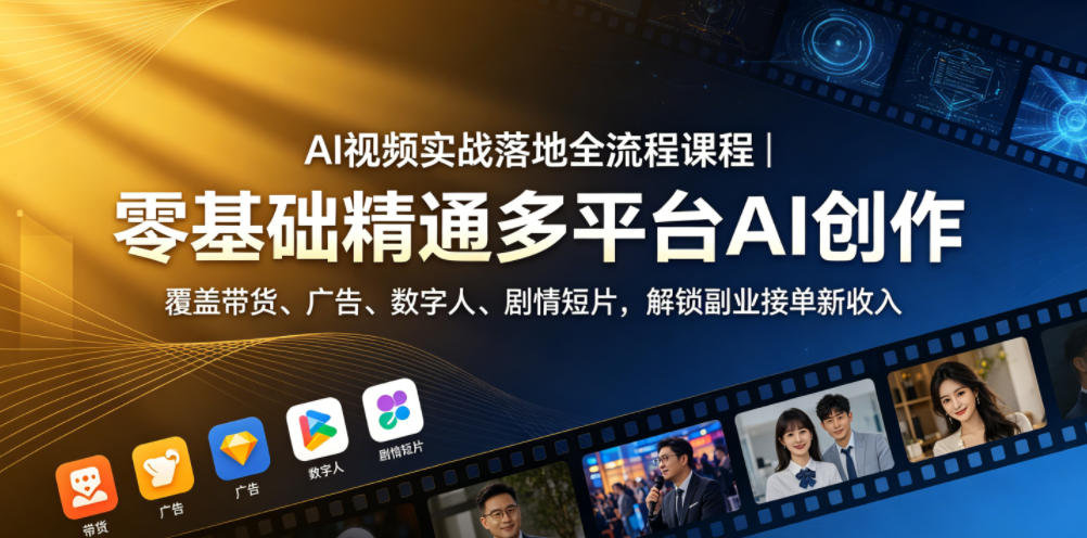 AI视频实战落地全流程课程｜零基础精通多平台AI创作，覆盖带货、广告、数字人、剧情短片，解锁副业接单新收入-搞薯条网