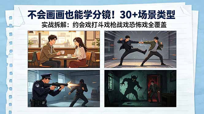 不会画画也能学分镜!30+场景类型实战拆解:约会戏打斗戏枪战戏恐怖戏全覆盖-搞薯条网