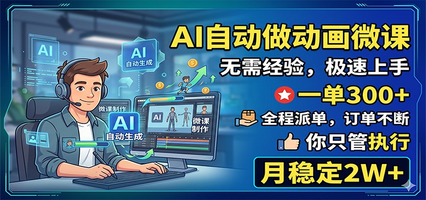 AI自动做动画微课，一单300+，全程派单，你只管执行，月稳定2W+-搞薯条网