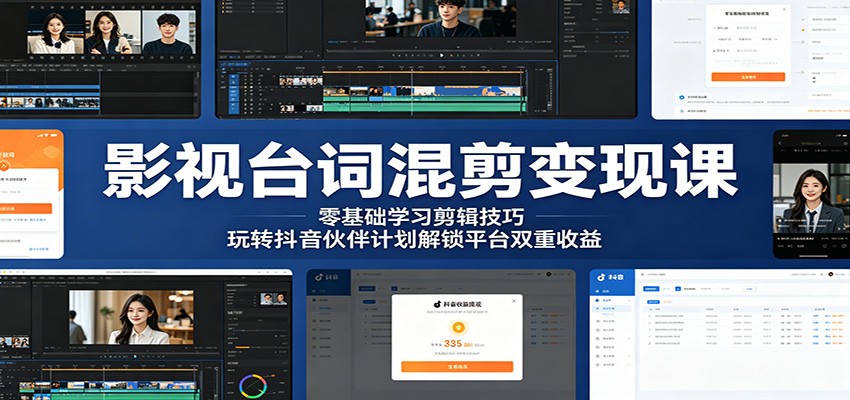影视台词混剪变现课：零基础学习剪辑技巧，玩转抖音伙伴计划解锁平台双重收益-搞薯条网