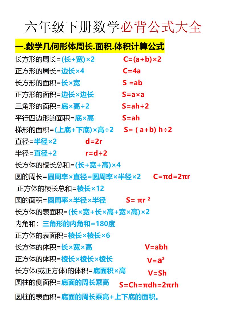 六年级下数学期末必背公式大全-搞薯条网