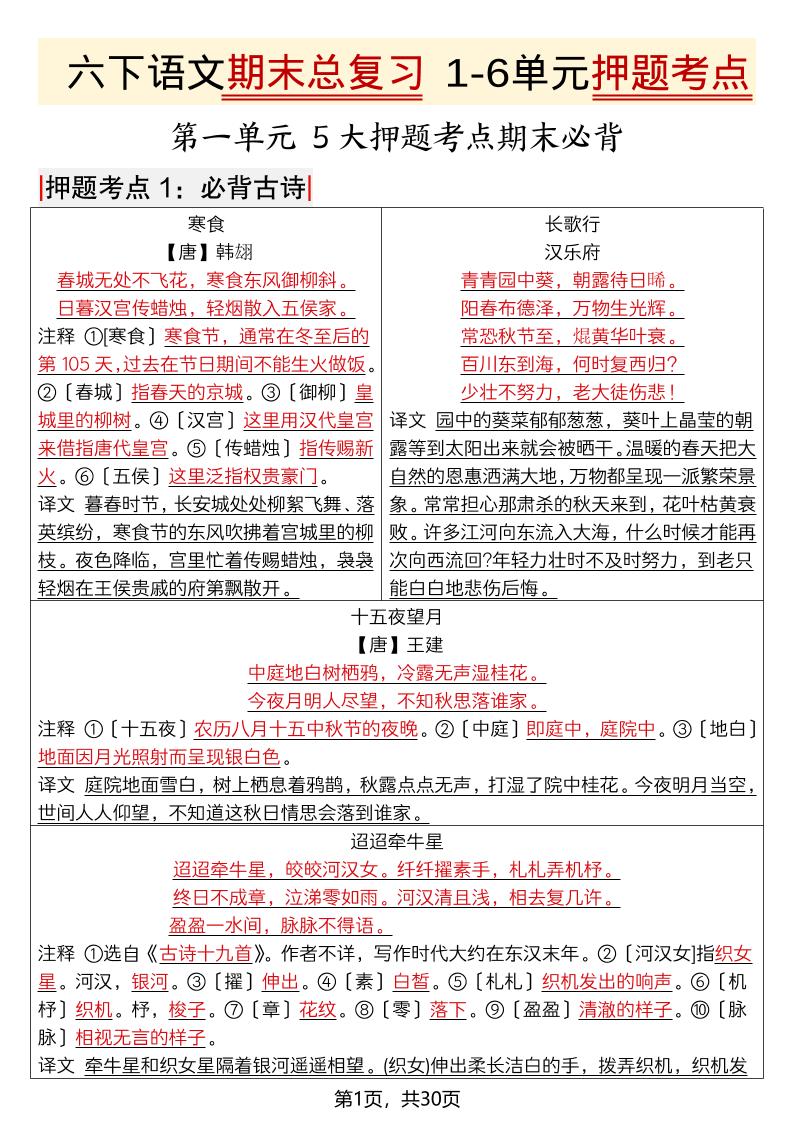 六年级下语文期末总复习1-6单元押题考点-搞薯条网