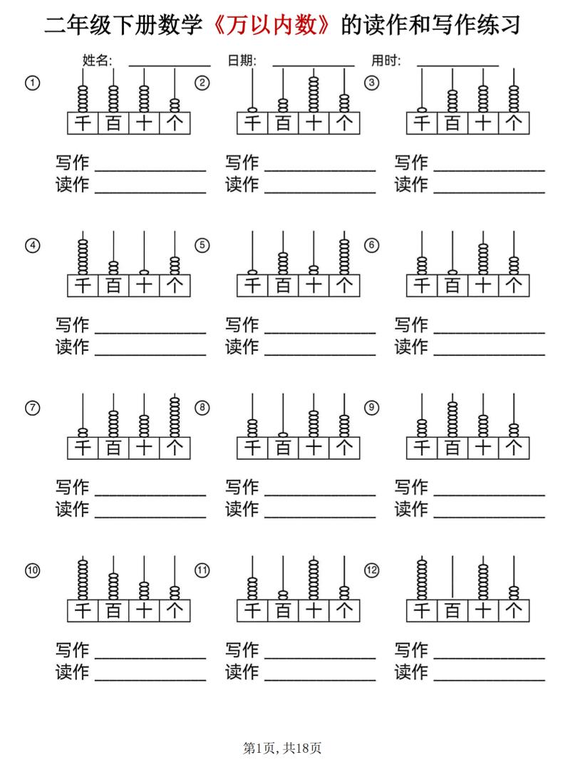 二年级下数学《万以内数》的读作和写作练习-搞薯条网