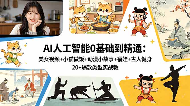 AI人工智能0基础到精通:美女视频+小猫做饭+动漫小故事+福娃+古人健身,20+爆款类型实战教学-搞薯条网