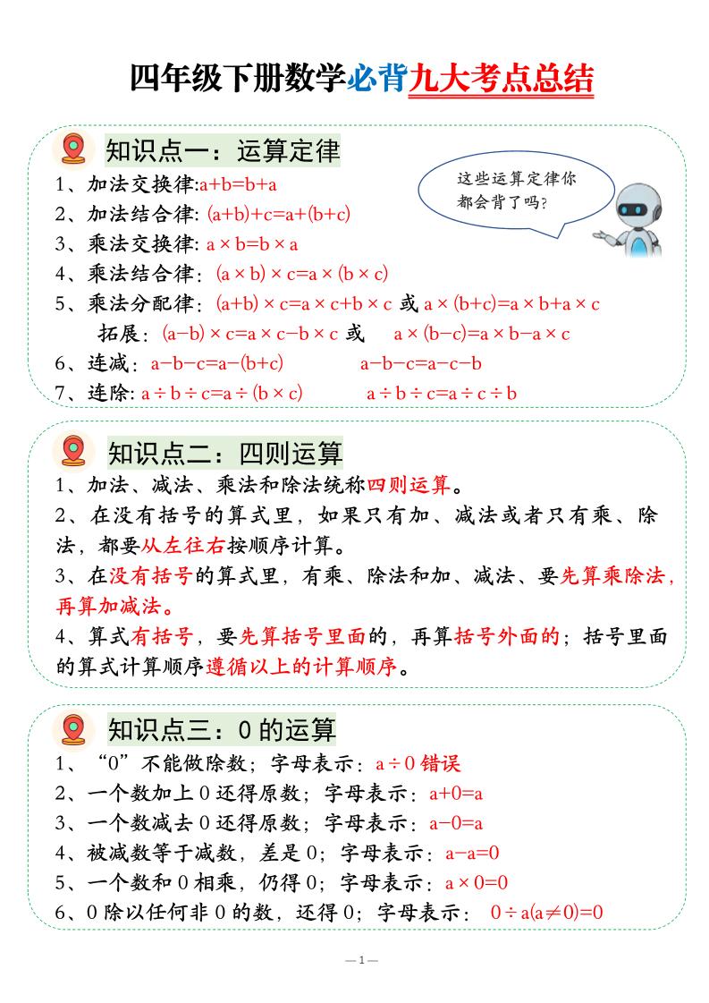 四年级下数学必背九大考点总结-搞薯条网