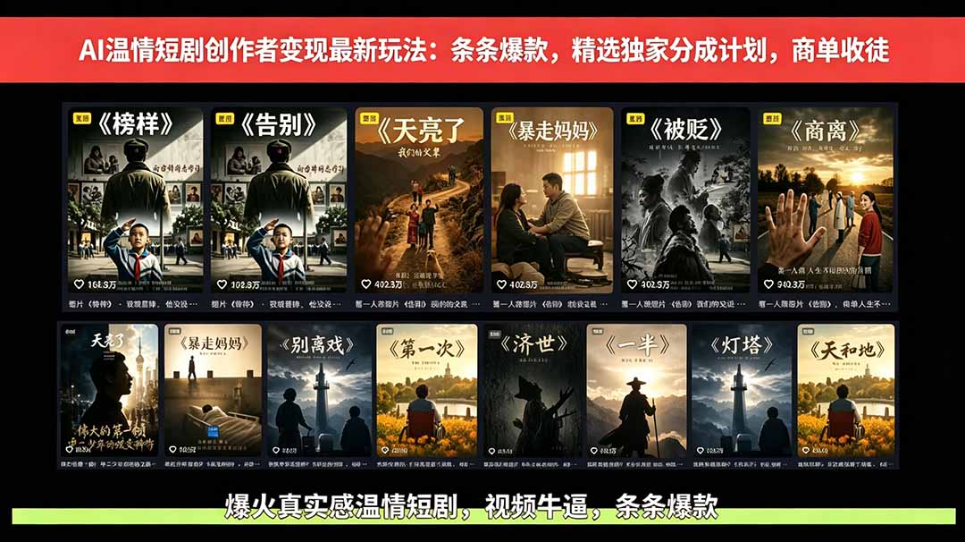 AI温情短剧创作者变现最新玩法：视频牛逼，条条爆款，精选独家分成计划，商单收徒-搞薯条网