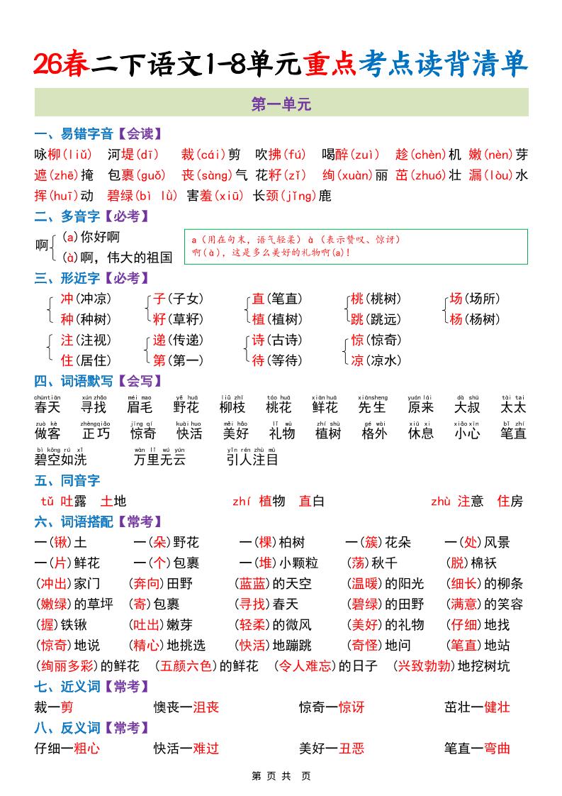 二年级下语文1-8单元重点考点读背清单-搞薯条网
