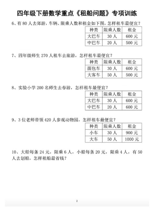 四下数学人教版《租船问题》专项训练 - 搞薯条网-搞薯条网
