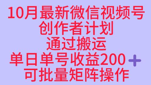10月最新视频号收益最大化赛道长久稳定红利项目，单日单号收益2张+可批量矩阵操作 - 搞薯条网-搞薯条网