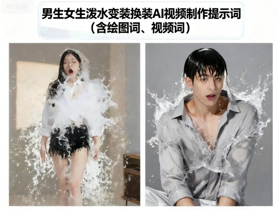 男生女生泼水变装换装AI视频制作提示词(含绘图词、视频词) - 搞薯条网-搞薯条网