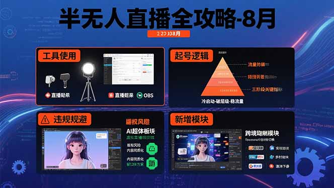 半无人直播全攻略-8月：工具使用+起号逻辑+违规规避,新增AI超体与跨境模块 - 搞薯条网-搞薯条网