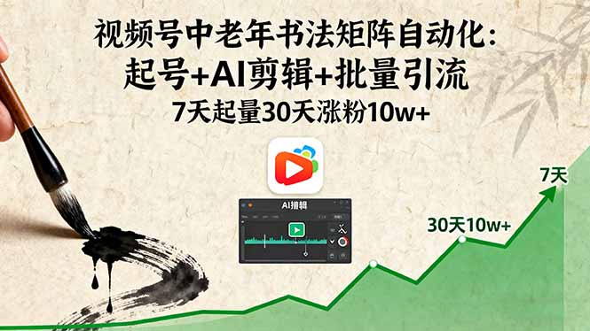 视频号中老年书法矩阵自动化：起号+AI剪辑+批量引流 7天起量30天涨粉10w+ - 搞薯条网-搞薯条网