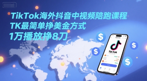 TikTok海外抖音中视频陪跑课程，TK最简单挣美金方式，1万播放挣8刀 - 搞薯条网-搞薯条网
