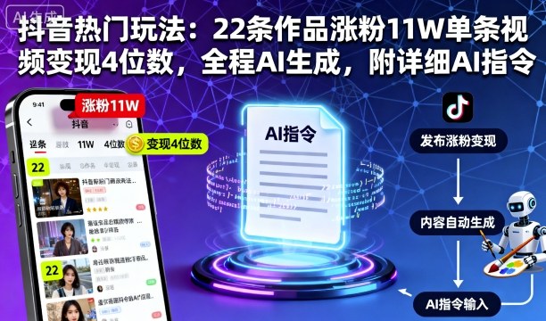 抖音热门玩法:22条作品涨粉11W单条视频变现4位数,全程AI生成,附详细AI指令-搞薯条网