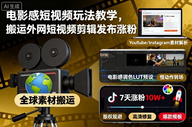 电影感短视频玩法教学,搬运外网短视频剪辑发布涨粉-搞薯条网