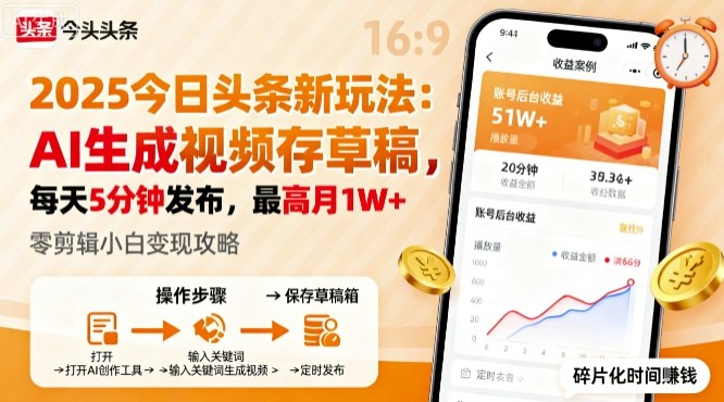 2025年今日头条躺賺新玩法,AI生成视频存草稿,每天5分钟发布,最高月1W+【揭秘】-搞薯条网