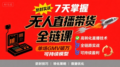 无人直播带货全链防封实战课，7天掌握高转化直播技术，实现单场GMV破万可持续模型 - 搞薯条网-搞薯条网