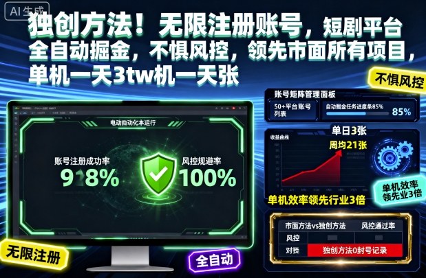 独创方法!无限注册账号,短剧平台全自动掘金,不惧风控,领先市面所有项目,单机一天3张【揭秘】-搞薯条网