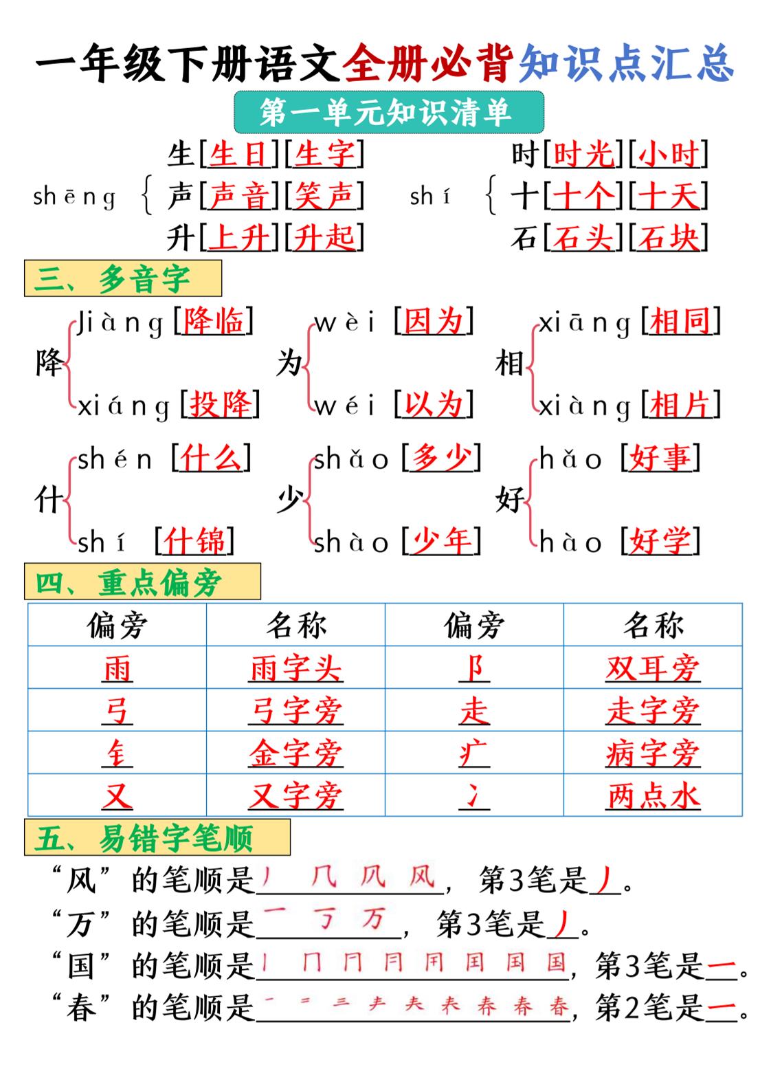 25春一年级下册语文全册必背知识点汇总 - 搞薯条网-搞薯条网