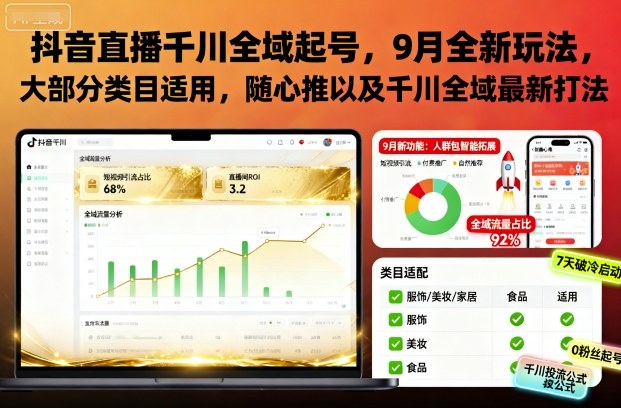 抖音直播千川全域起号，9月全新玩法，大部分类目适用，随心推以及千川全域最新打法-搞薯条网