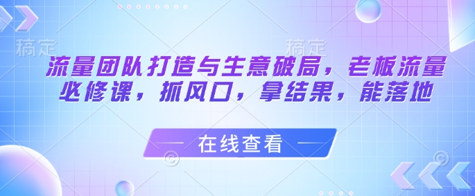 流量团队打造与生意破局，老板流量必修课，抓风口，拿结果，能落地 - 搞薯条网-搞薯条网