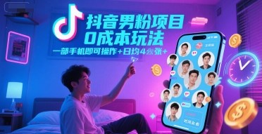 抖音男粉项目0成本玩法，一部手机即可操作，日均4张+，时间自由 - 搞薯条网-搞薯条网