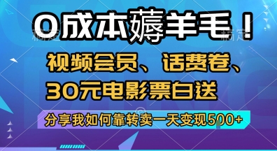 0成本薅羊毛!视频会员、话费卷、30元电影票白送，分享我如何靠转卖一天变现5张+【揭秘】 - 搞薯条网-搞薯条网