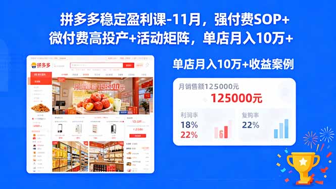 拼多多稳定盈利课-11月，强付费SOP+微付费高投产+活动矩阵，单店月入10万+-搞薯条网