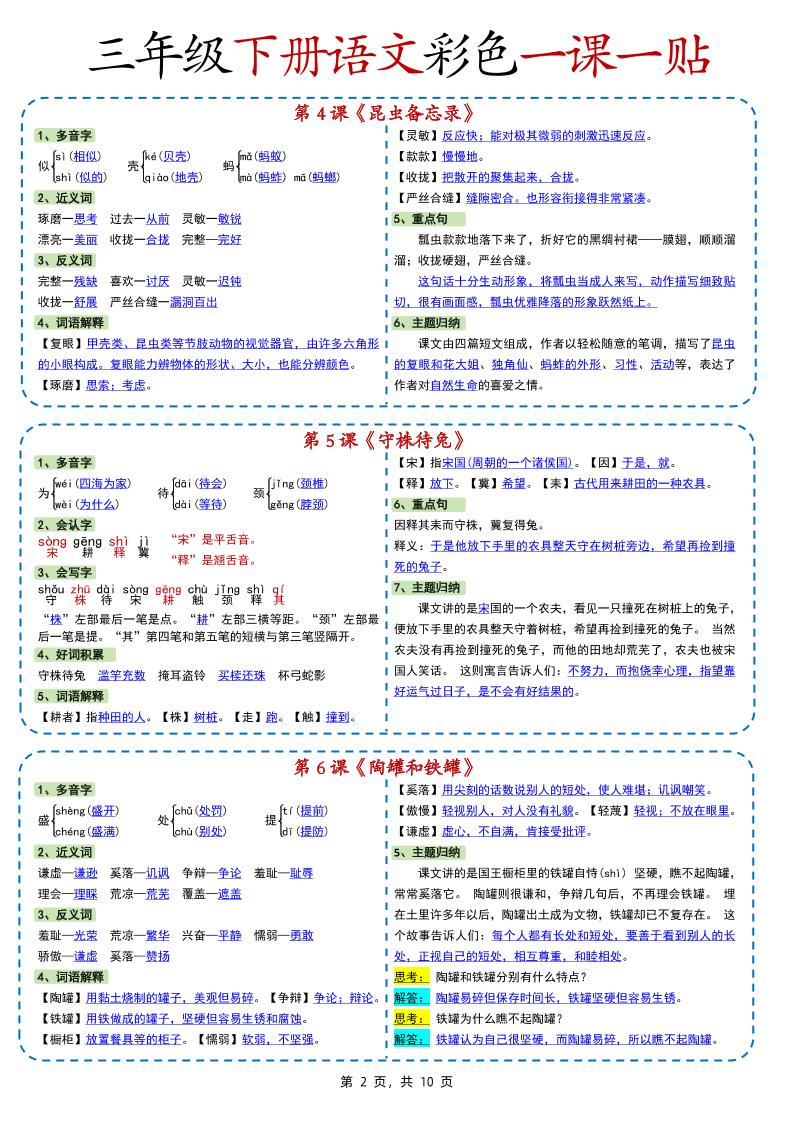 新版三下语文彩色一课一贴（课内重点课课贴）10页 - 搞薯条网-搞薯条网