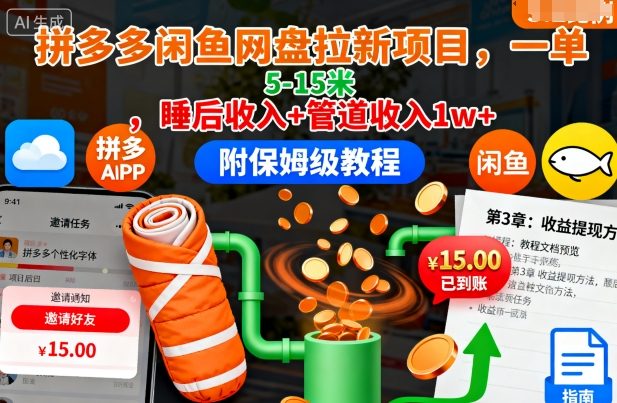 拼多多闲鱼网盘拉新项目，一单5-15米，睡后收入+管道收入1w+(附保姆级教程)-搞薯条网