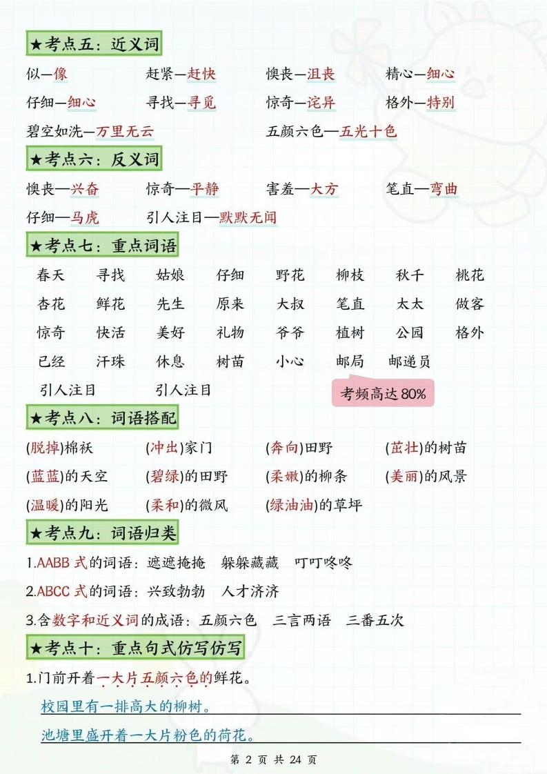二下语文1-8单元高频考点总结（24页） - 搞薯条网-搞薯条网